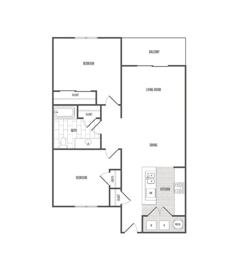 A black and white floor plan of a house with a living room, dining room, kitchen, and two bedrooms.